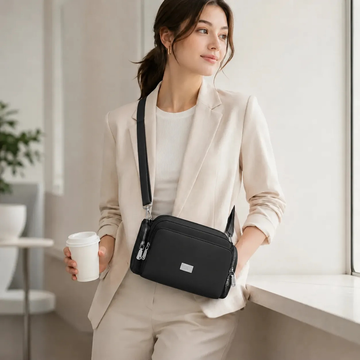 Bolsa Bandolera Mujer Crossbody Impermeable Multi Bolsillos Negro Liso Plateado Brillante