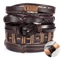 Conjunto Pulsera Brazalete Hombre 5 En 1 Hilo Cuero Marron