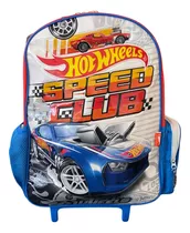 Mochila 16 Pulgadas Con Carrito Hot wheels Speed Club Wabro Color Celeste Diseño De La Tela Liso