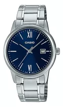 Reloj Pulsera Casio Enticer Mtp-v002 De Cuerpo Color Gris, Analógico, Para Hombre, Fondo Azul, Con Correa De Acero Inoxidable Color Gris, Agujas Color Gris Oscuro, Dial Gris, Minutero/segundero Gris, 