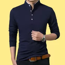 Polos Cuello Chino Modelo Henley Manga Larga Para Hombres