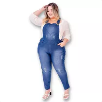 Jardineira Calça Feminina Jeans Plus Size Cintura Alta Lycra