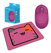Kit Mouse Usb Com Fio Multilaser + Mouse Pad Standard Rosa