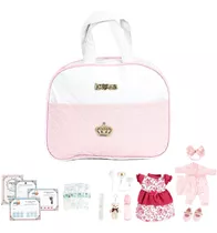 Bolsa Maternidade 19 Acessórios De Baby Reborn Rosa Pequena Cor Branco E Rosa Desenho Do Tecido Desenhado