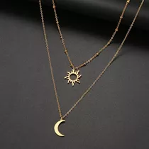 Colar Longo Duplo Lua Sol Aço Inoxidável Presente Namorada Cor Dourado