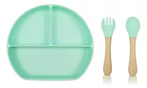 Plato Silicona C/cuchara Y Tenedor Antideslizante Colores Color Agua