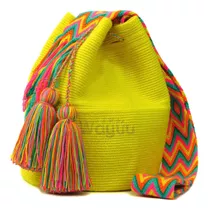 Mochila Wayuu Unicolor Amarilla Grande Original