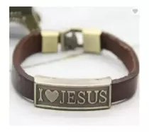 Pulsera Catolica Cuero Marron I Love Jesus Cierre Magnetico