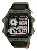 Reloj De Pulsera Casio Digital Ae-1200 De Cuerpo Color Verde, Digital, Fondo Negro, Con Correa De Tela Color Negro Y Verde, Dial Negro, Subesferas Color Amarillo Y Negro, Minutero/segundero Negro, Bis