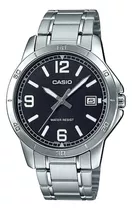 Reloj De Pulsera Casio Enticer Mtp-v004 De Cuerpo Color Plateado, Analógico, Para Hombre, Fondo Negro, Con Correa De Acero Inoxidable Color Plateado, Agujas Color Plateado, Dial Plateado, Minutero/seg