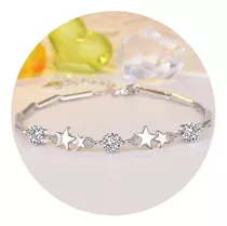 Pulsera Plata 925 Ajustable Estrellas Circón En Oro Blanco Color Plateado Diámetro 1 Cm Largo 19