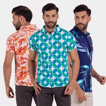 Kit Com 3 Camisas Masculinas Estampadas Listradas E Florais