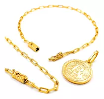 Conjunto Corrente Pulseira Pingente Bitcoin Banhado Ouro 18k