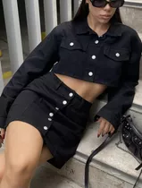 Pollera Minifalda Con Botones Blanco/negro Tiro Alto Mujer 
