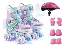 Patins 4 Rodas Infantil Sereia + Kit Proteção Rodas Em Led