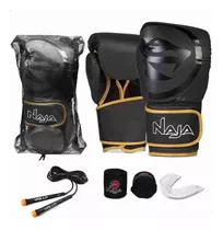 Kit Luva Boxe Muay Thai Naja Black Bandagem Protetor + Corda