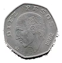 Moneda Diez  $10  Pesos Heptagonal. Hidalgo  Niquel    1982