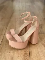 Sandalias Altas Nude Rosa Con Plataforma Y Taco Palo Fiestas