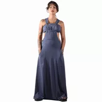 Vestido Azul Jeans Salopete Estonado Longo Com Top