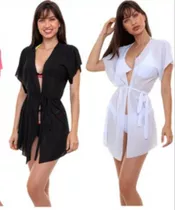 Saída De Praia Kimono Vestido Curto Preto Super Leve 