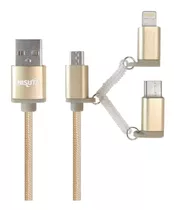 Cable Usb 3 En 1 Micro Usb, Usb C Y Ligthning Color Dorado