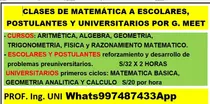 Clases Matemática Física  Por G.meet- Whatsapp  Profesor Uni