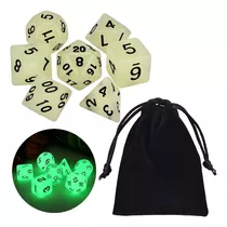 Conjunto 7 Dados Rpg D&d Verde Brilha No Escuro + 1 Bolsa