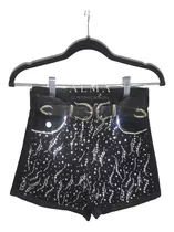 Short De Jeans Negro Con Strass Brillos Talle 36 Al 46