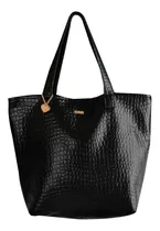 Cartera Tote Tu Cactus Tote Alegra Diseño Croco De Cuero Sintético  Negra Asas Color Negro Y Herrajes Oro