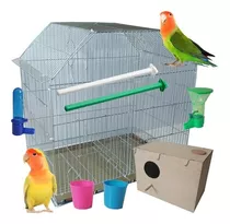 Combo Kit Jaula Para Aves Agapornis Con Accesorios Nido 