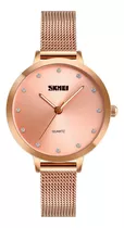 Reloj Mujer Skmei 1291 Malla Acero Minimalista Elegante Color De La Malla Dorado/rosa