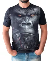 Camisa Camiseta Gorila Com Fone Macaco Animais 3d 
