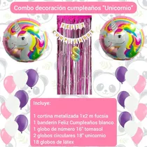 Combo Decoración Cumpleaños Unicornio Cortina Banderin Globo