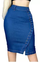 Saia Jeans Midi C/ Lycra Elastano Plus Size Botão Evangelica