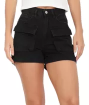 Short Mujer Cargo Bolsillos Jean Rigido Corto 