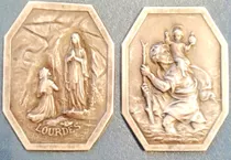 Antiguas Placas Medalla Plata Virgen Lourdes Santo Jesus