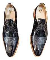Zapatos Hombre Cuero Charol Negro Con Detalle Cocodrilo