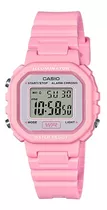 Reloj De Pulsera Casio Youth La-20 De Cuerpo Color Rosa, Digital, Fondo Gris, Con Correa De Resina Color Rosa, Dial Negro, Minutero/segundero Negro, Bisel Color Rosa, Luz Ámbar Y Hebilla Simple