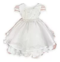 Vestido Bebe Batizado Manga Copinho Renda Tule Saia Gode P-g