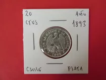 Antigua Moneda Chile 20 Centavos Plata Año 1893  Escasa