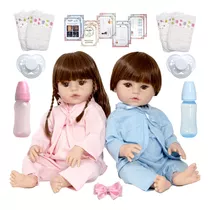 Kit Bebê Reborn Gêmeos Casal 52cm 100% Silicone Acessórios