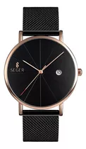 Reloj Hombre Seger 9183 Original Eeuu Elegante Lujoso Vestir Color De La Malla Negro Color Del Bisel Rosa Metalizado Color Del Fondo Negro