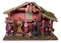 Presepio De Natal Resina C/9 Pcs Decorado Casa De Madeira