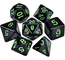  Kit 7 Dados Rpg De Mesa + Bolsa Preto Números Verde Cthulhu