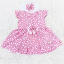 Vestido Luxo Para Bebê Algodão Estampado + Tiara Kit 2 Pçs