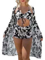 Bikini De Hilo Estampado Completo Con Falda De Playa Tipo Ki
