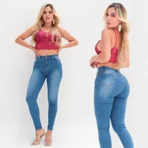 Jeans Tiro Alto Azul Medio Stretch Dama Skinny Levantacola