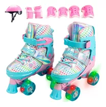 Kit Patins Completo Infantil Roller Quad Menina Rosa -oferta