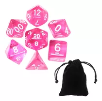 Sete 7 Dados Rpg Rosa D4 D6 D8 D10 D10% D12 D20 Bolsa Kit Cor Rosa Translucido