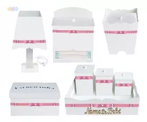 Kit Higiene Branco Em Mdf Com Passa Fita Rosa Personalizado